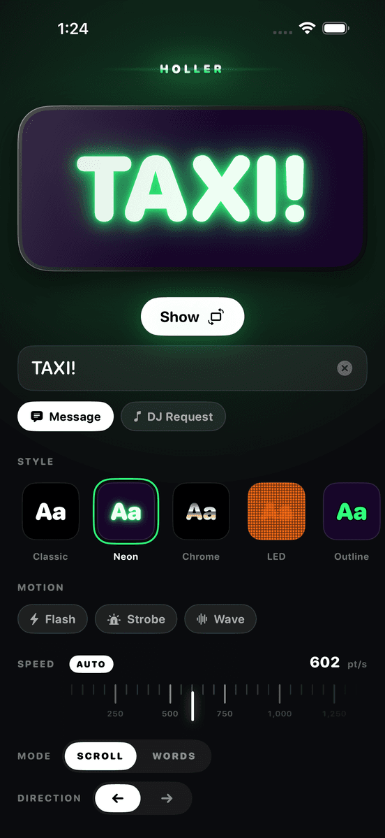 The Holler composer, showing a live preview of the message above the style, speed, and mode controls
