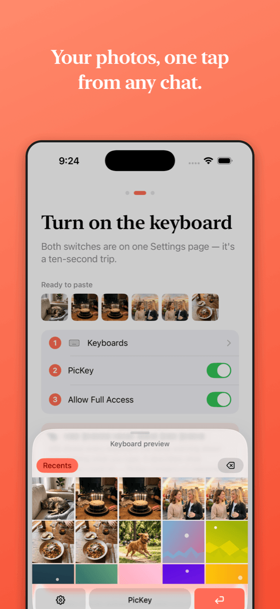 PicKey keyboard showing the photo library above a chat text field