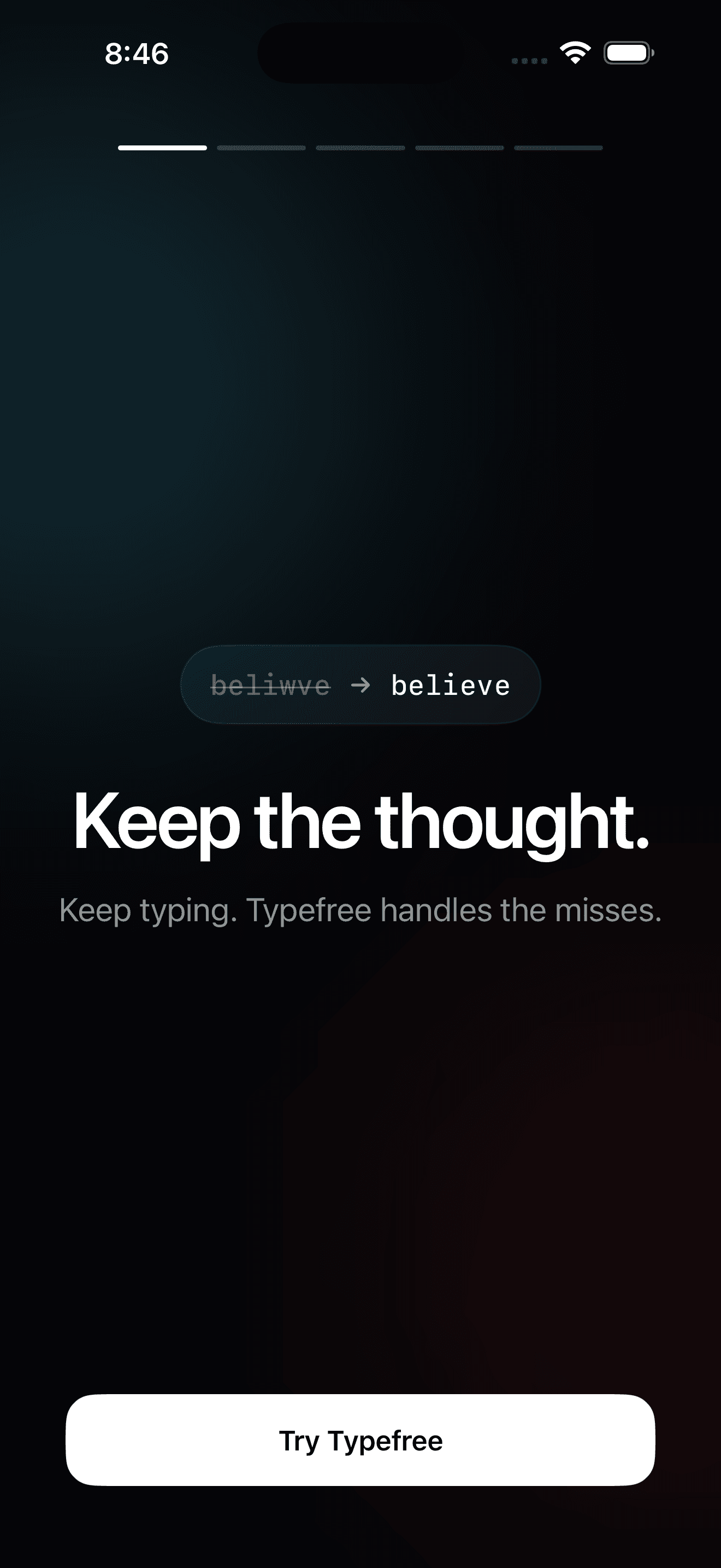 Typefree onboarding: a mistyped word corrected, with the line 'Keep the thought.'